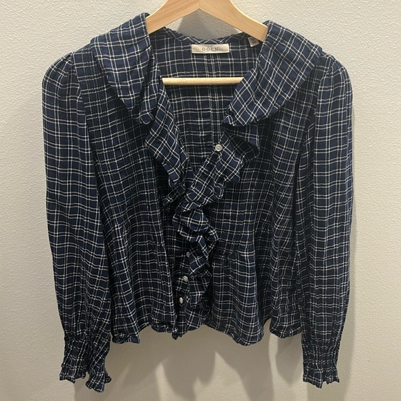 Doen Tops - Doen Navy Plaid Ruffle Blouse